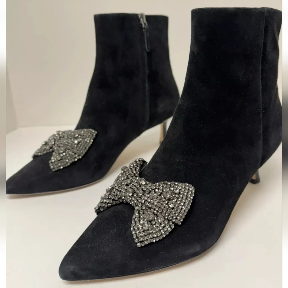 Tory Burch Esme Suede Crystal Embellished Bow Booties Size 5.5M